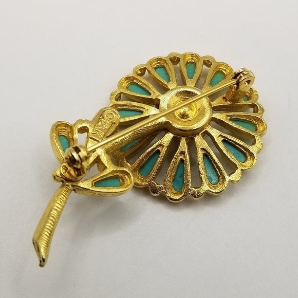 Vintage BSK Turquoise Gold Tone Flower Daisy Costume Jewelry Pin Brooch Signed - Picture 8 of 10